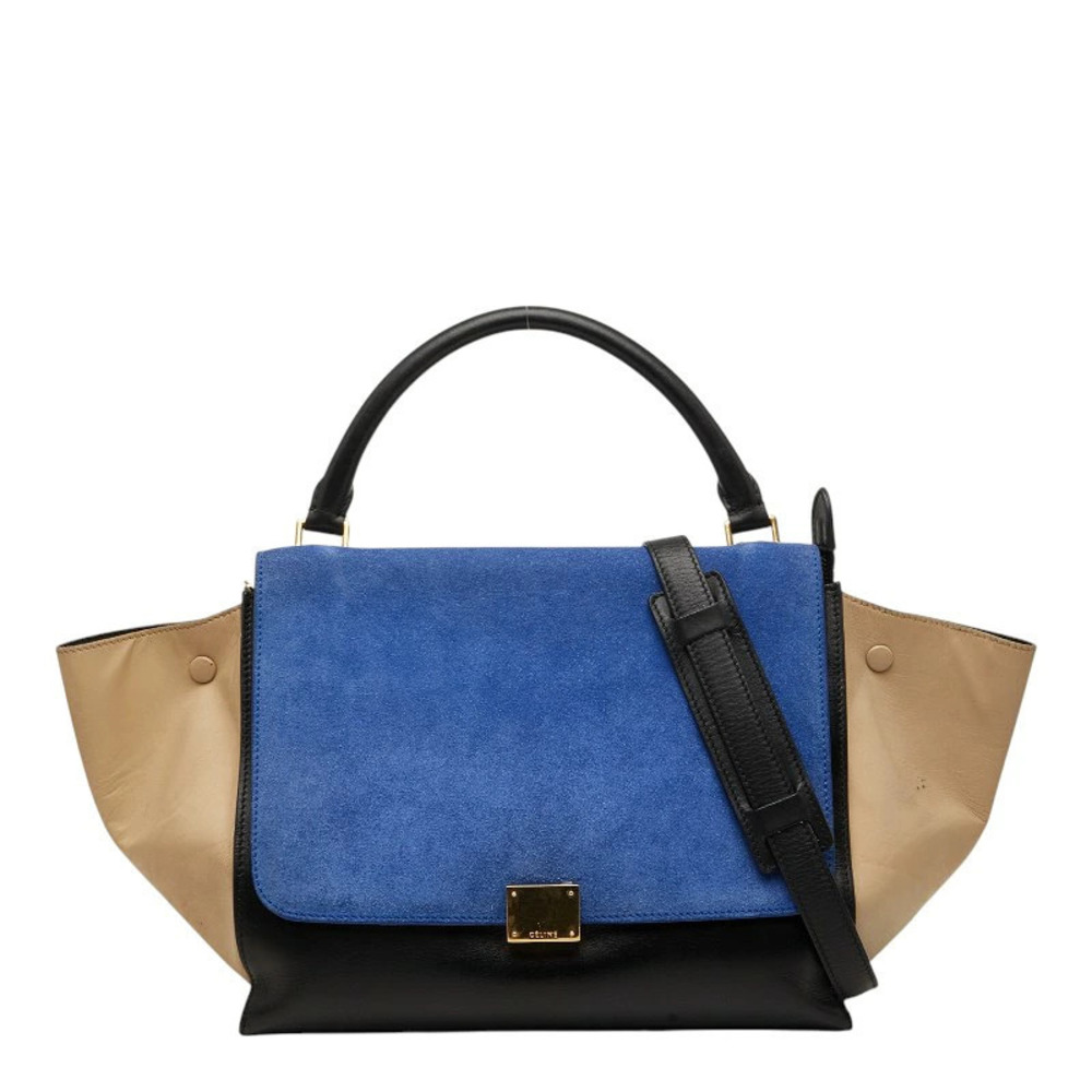 Celine Trapeze 2way Shoulder Bag Tricolor Blue Black Beige Cream Suede Leather